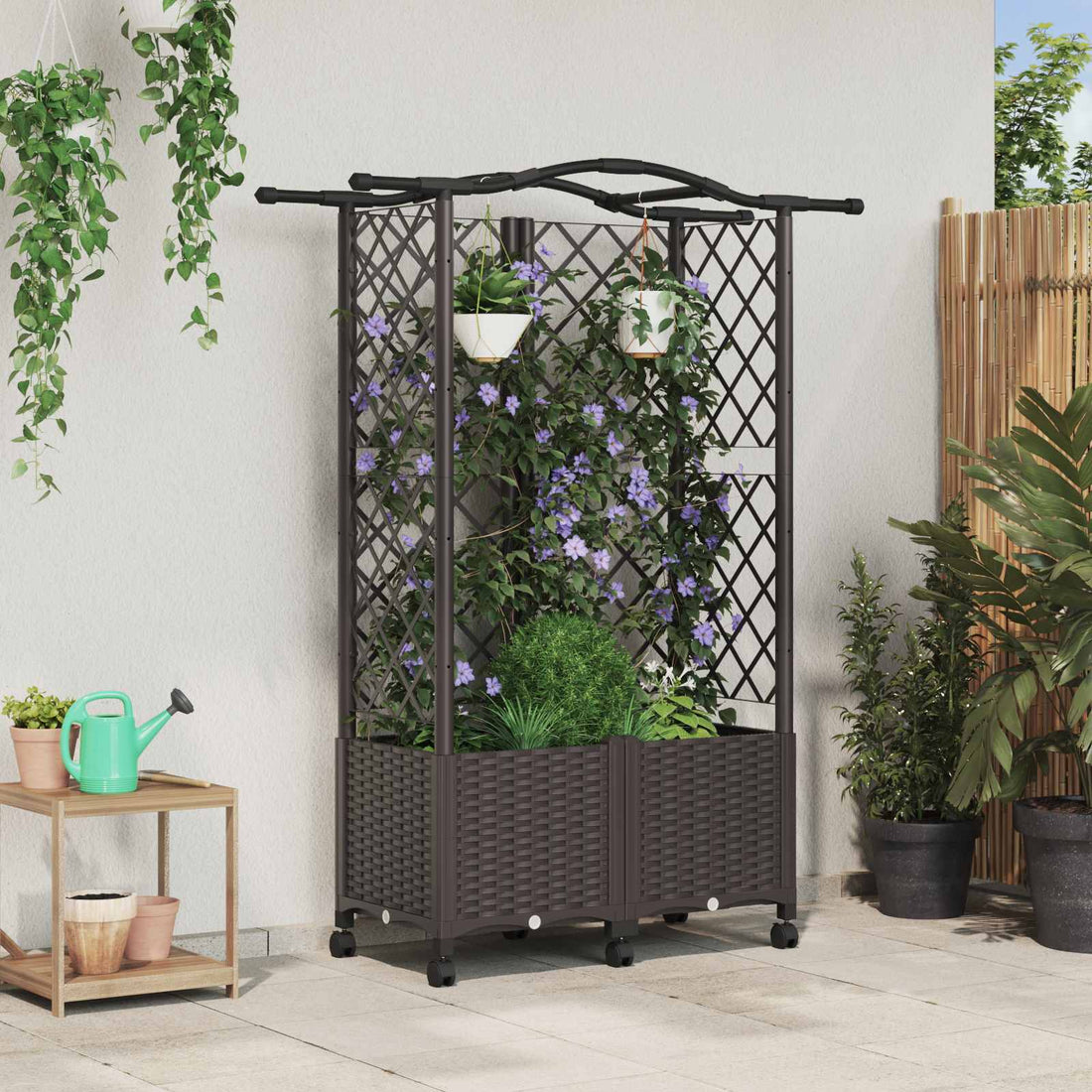 vidaXL Cama elevada con trellis y techo Marrón 122 x 40 x 144 cm PP