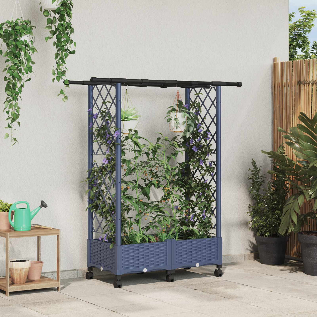 vidaXL Cama elevada con trellis y techo Gris 122,5 x 40 x 127 cm PP