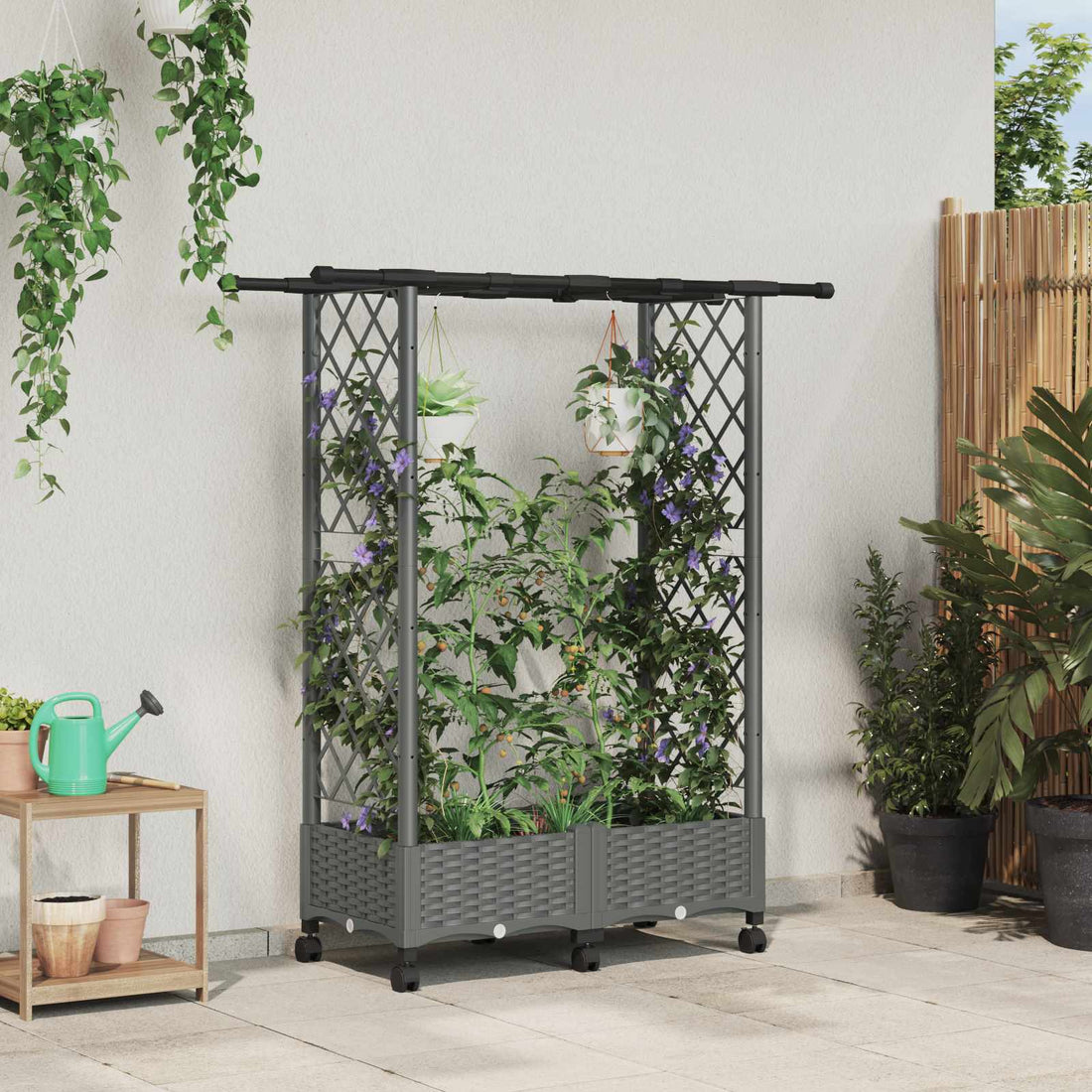 vidaXL Cama elevada con trellis y techo Gris Claro 122,5 x 40 x 127 cm