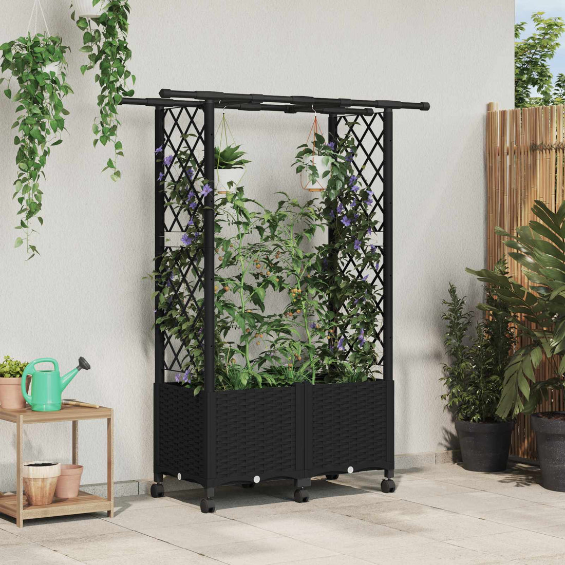 vidaXL Cama elevada con trellis y techo Negro 124,5 x 40 x 142 cm PP