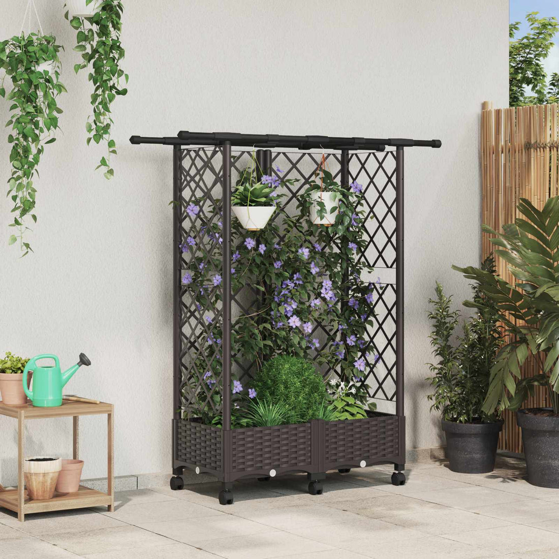 vidaXL Cama elevada con trellis y techo Marrón 124 x 40 x 127 cm PP