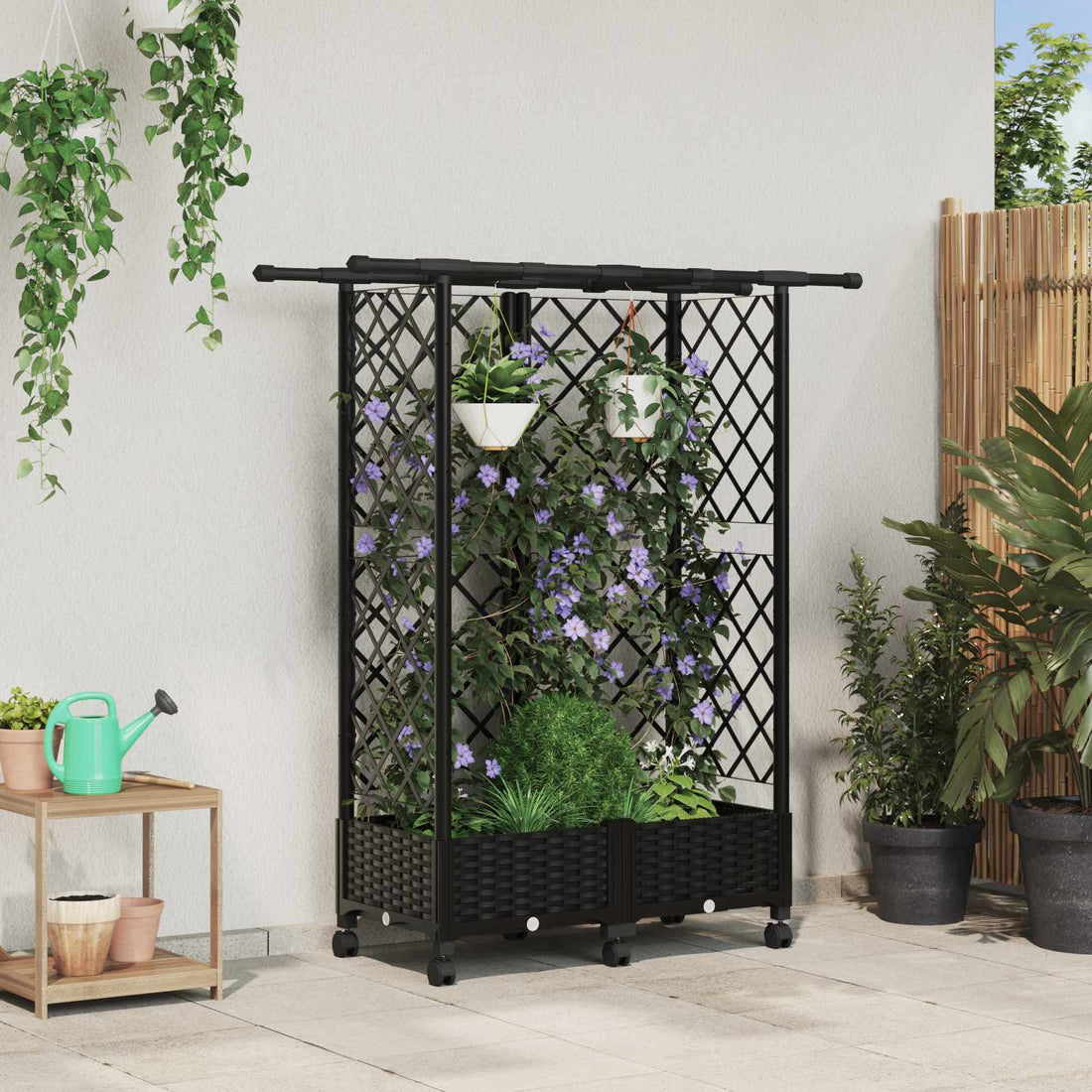 vidaXL Cama elevada con trellis y techo Negro 124 x 40 x 127 cm PP