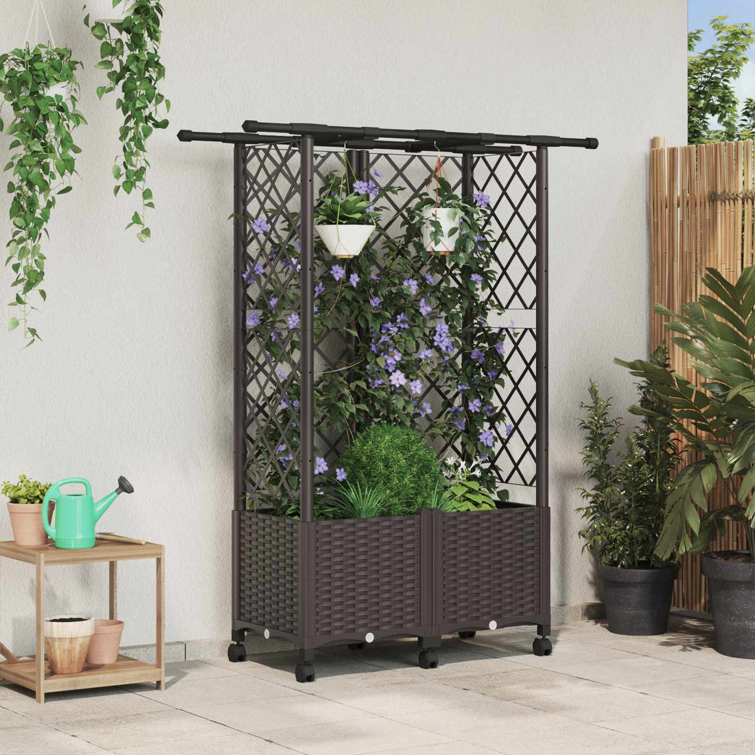 vidaXL Cama elevada con trellis y techo Marrón 124 x 40 x 142 cm PP