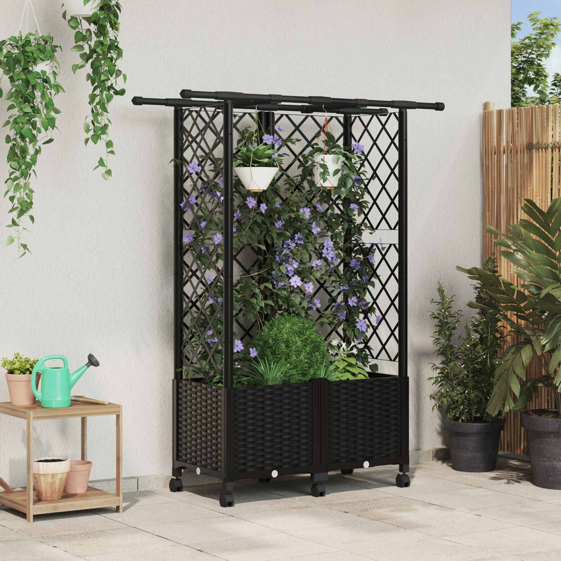 vidaXL Cama elevada con trellis y techo Negro 124 x 40 x 142 cm PP