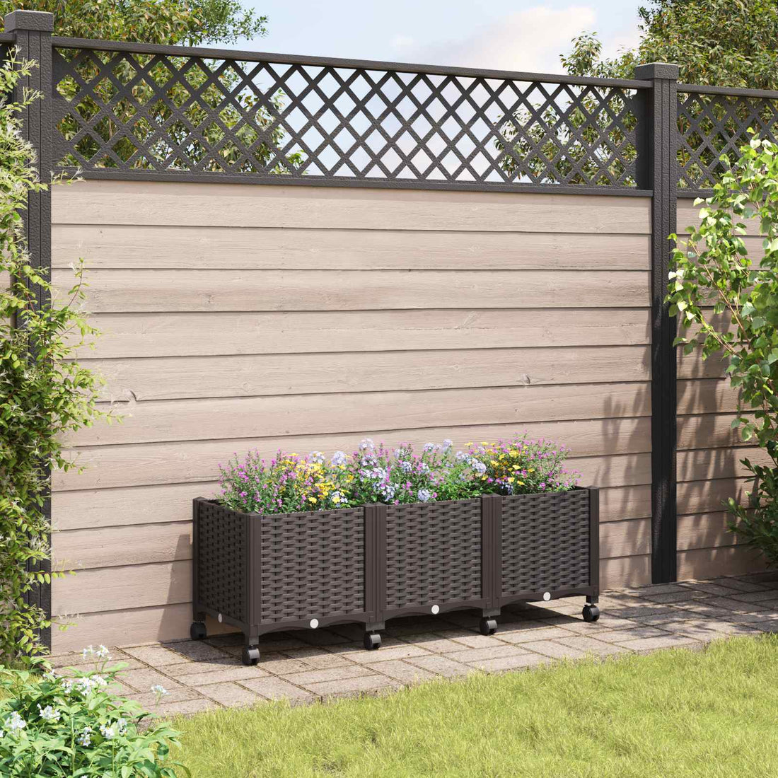 vidaXL Macetero de Jardín con Ruedas Marrón 120 x 40 x 44 cm PP