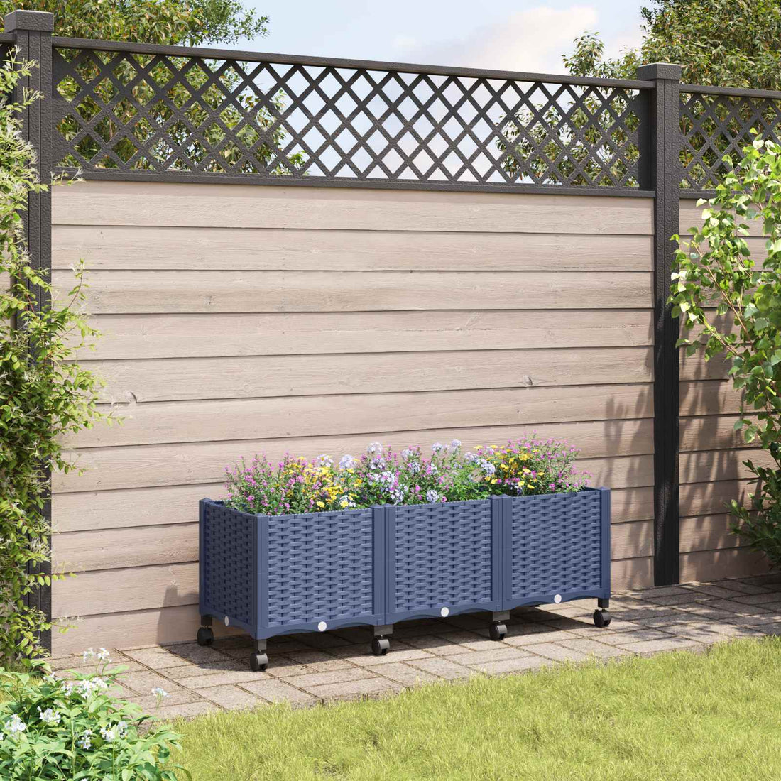 vidaXL Macetero de Jardín con Ruedas Gris Azulado 120 x 40 x 48 cm PP