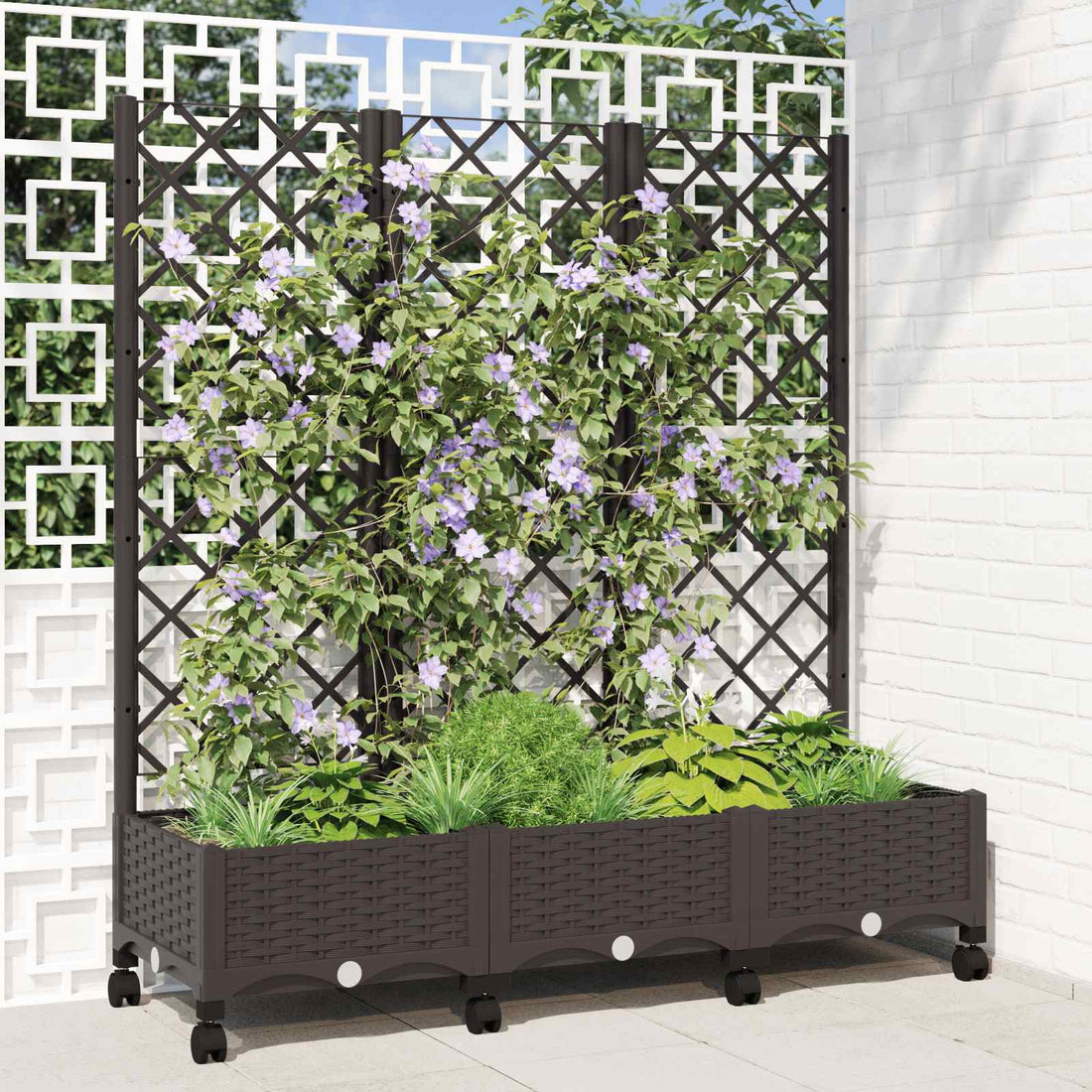 vidaXL Jardinera con enrejado y ruedas Marrón 120 x 40 x 131,5 cm PP