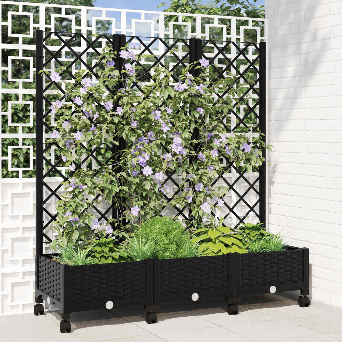vidaXL Jardinera con enrejado y ruedas Negro 120 x 40 x 131,5 cm PP