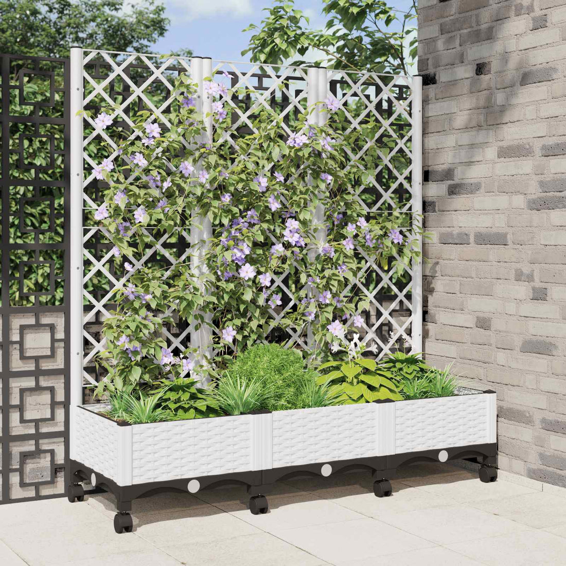 vidaXL Jardinera con enrejado y ruedas Blanco 120 x 40 x 131,5 cm PP