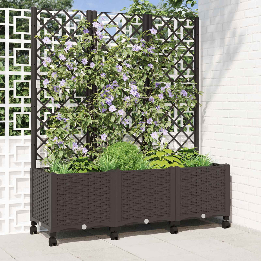 vidaXL Jardinera con enrejado y ruedas Marrón 120 x 40 x 146 cm PP