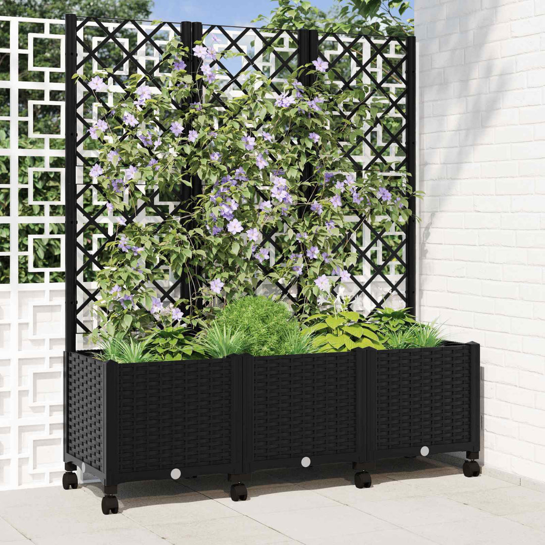 vidaXL Jardinera con enrejado y ruedas Negro 120 x 40 x 146 cm PP