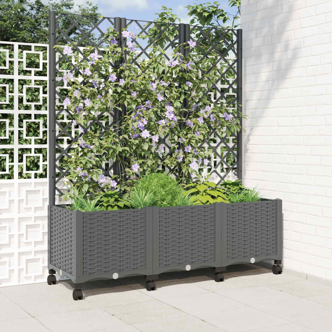 vidaXL Jardinera con enrejado y ruedas Gris Claro 120 x 40 x 146 cm PP
