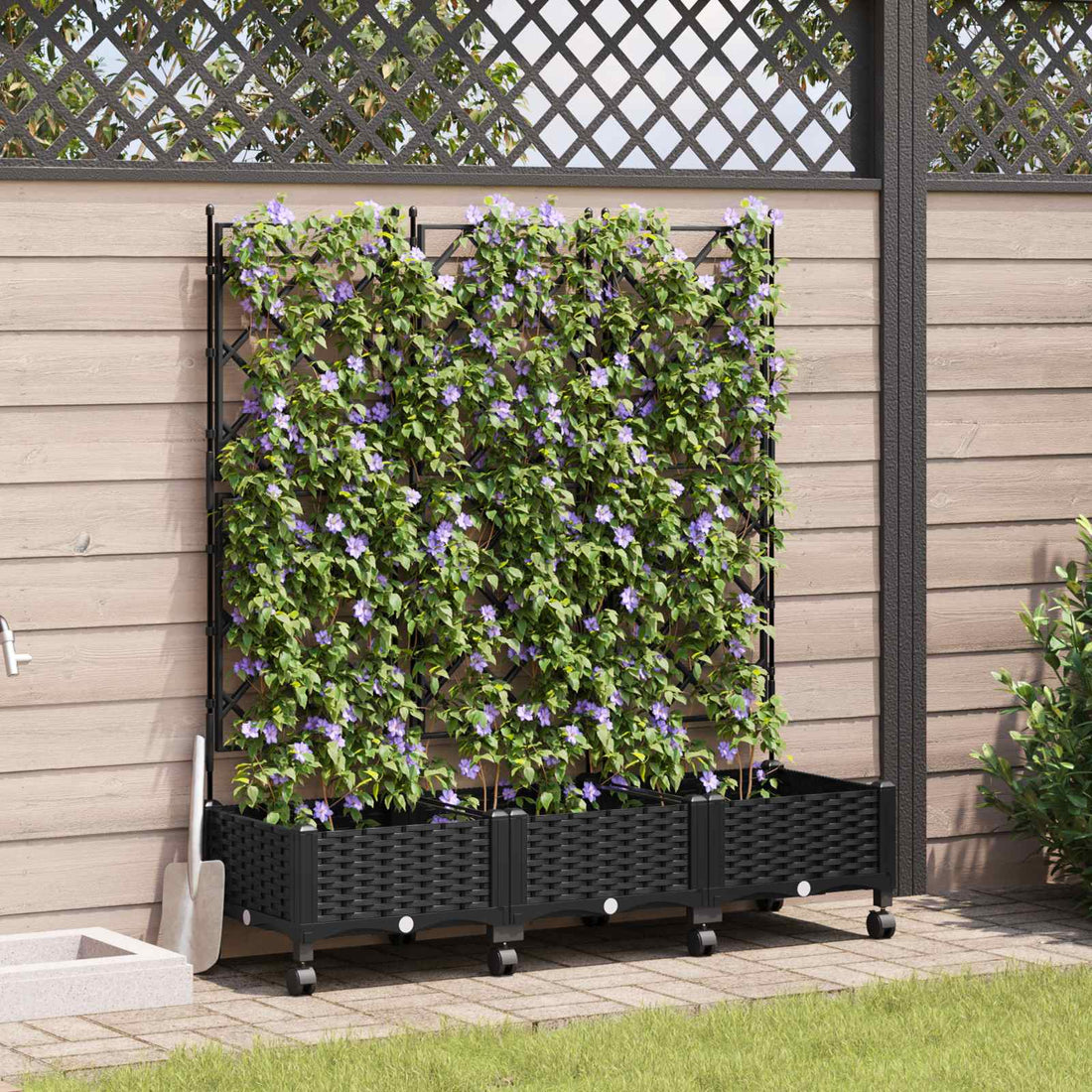 vidaXL Jardinera con enrejado y ruedas 3 uds. Negro PP