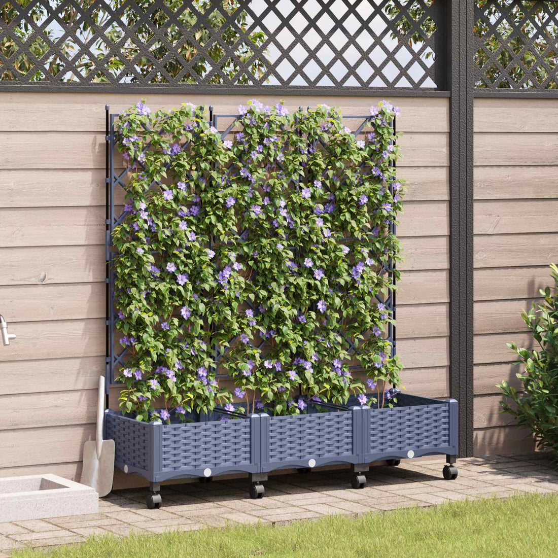 vidaXL Jardinera con enrejado y ruedas 3 uds. Gris 120 x 40 x 131,5 cm