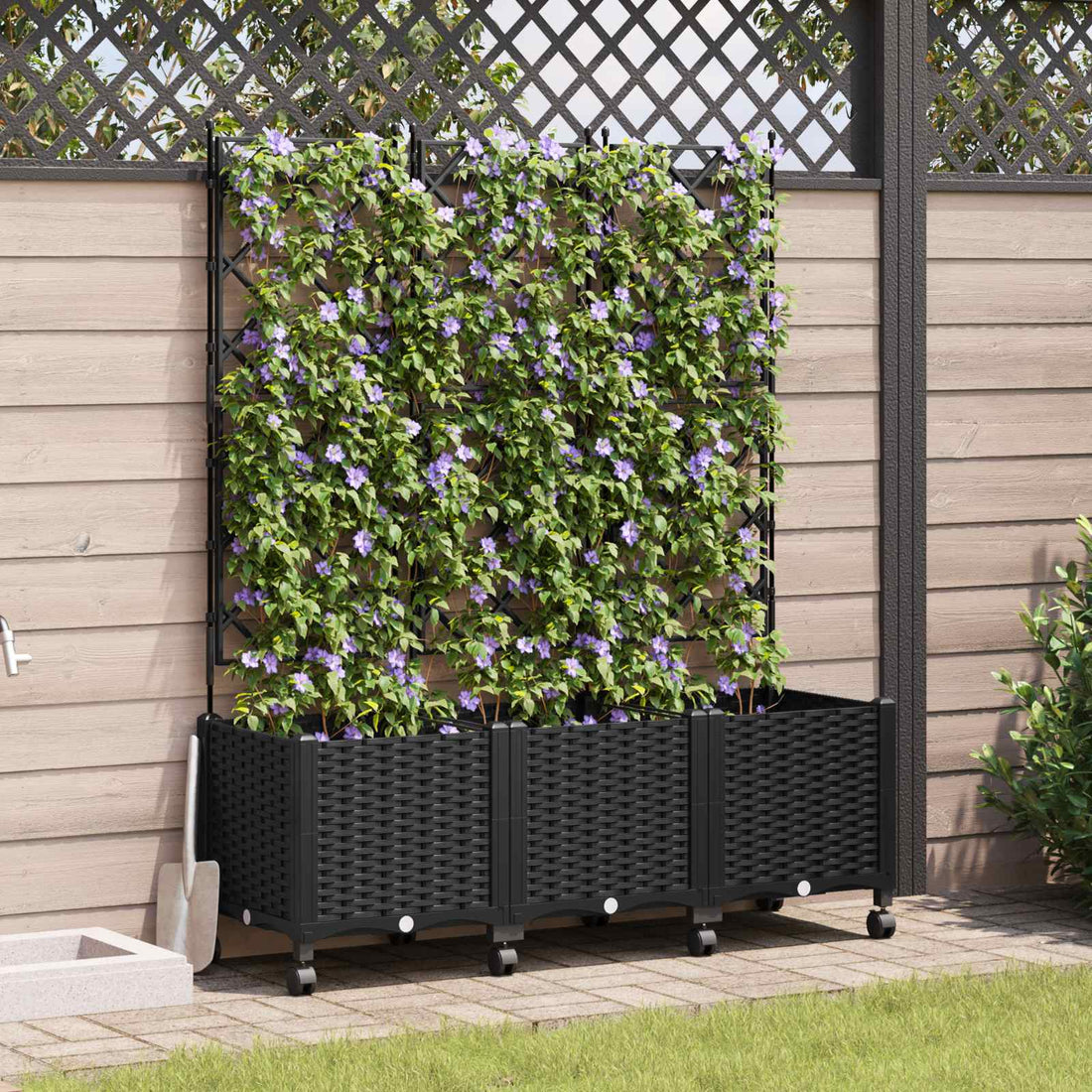 vidaXL Jardinera con enrejado y ruedas 3 uds. Negro 120 x 40 x 149 cm
