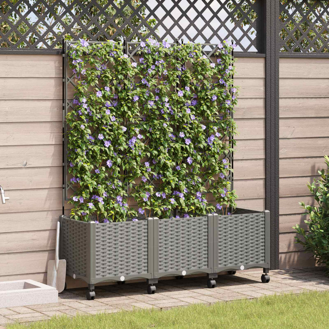vidaXL Jardinera con enrejado y ruedas 3 uds. Gris Claro PP