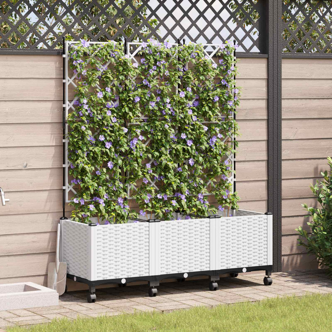 vidaXL Jardinera con enrejado y ruedas 3 uds. Blanco 120 x 40 x 149 cm