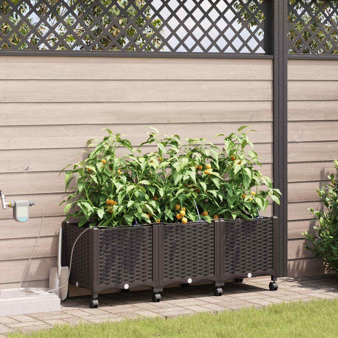 vidaXL Maceta de jardín con riego y ruedas 3 uds. Marrón PP