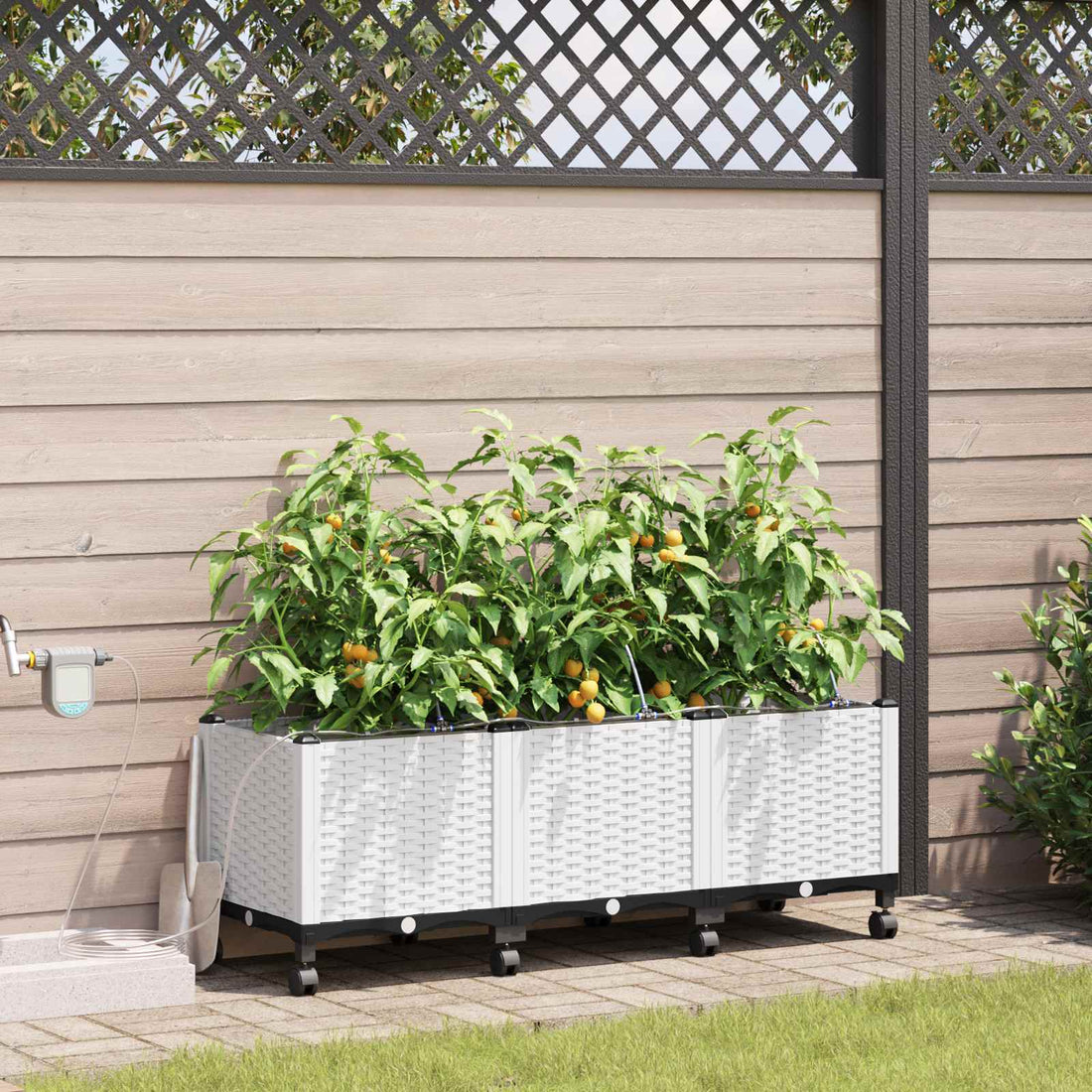 vidaXL Maceta de jardín con riego y ruedas 3 uds. Blanco PP