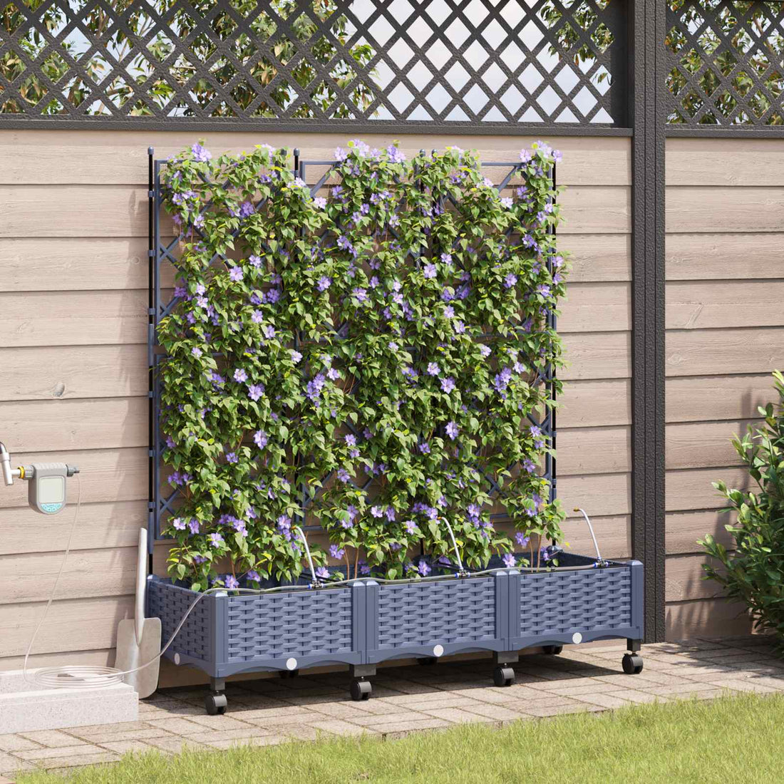 vidaXL Maceta de jardín con riego y ruedas 3 uds. Gris PP