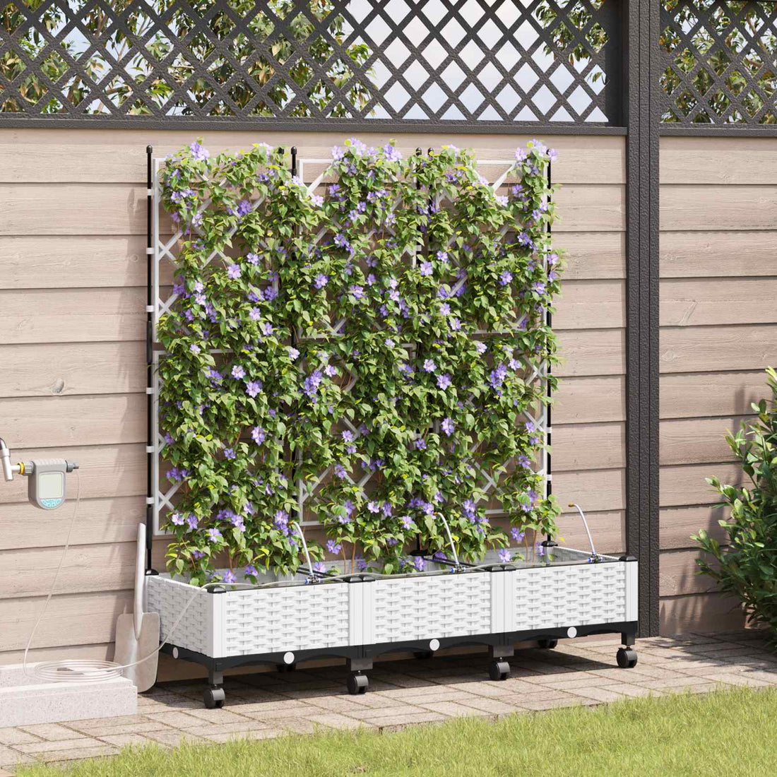 vidaXL Maceta de jardín con riego y ruedas 3 uds. Blanco PP