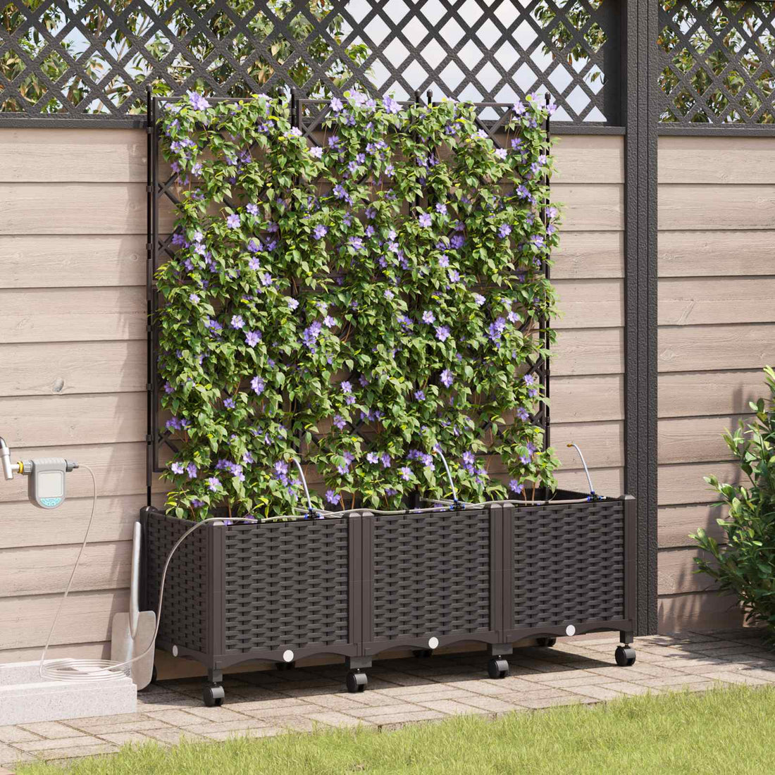 vidaXL Maceta de jardín con riego y ruedas 3 uds. Marrón PP