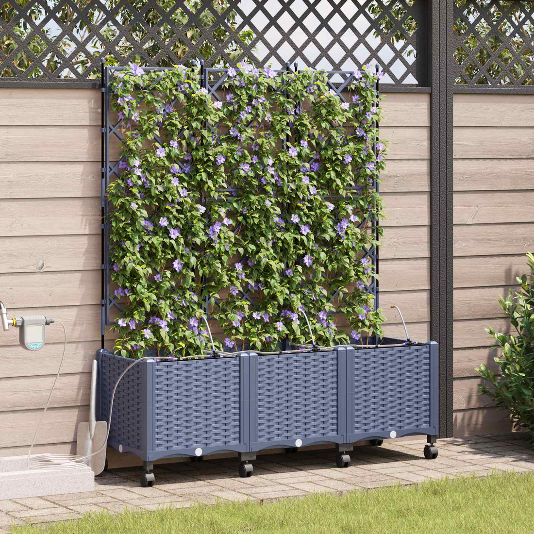vidaXL Maceta de jardín con riego y ruedas 3 uds. Gris PP