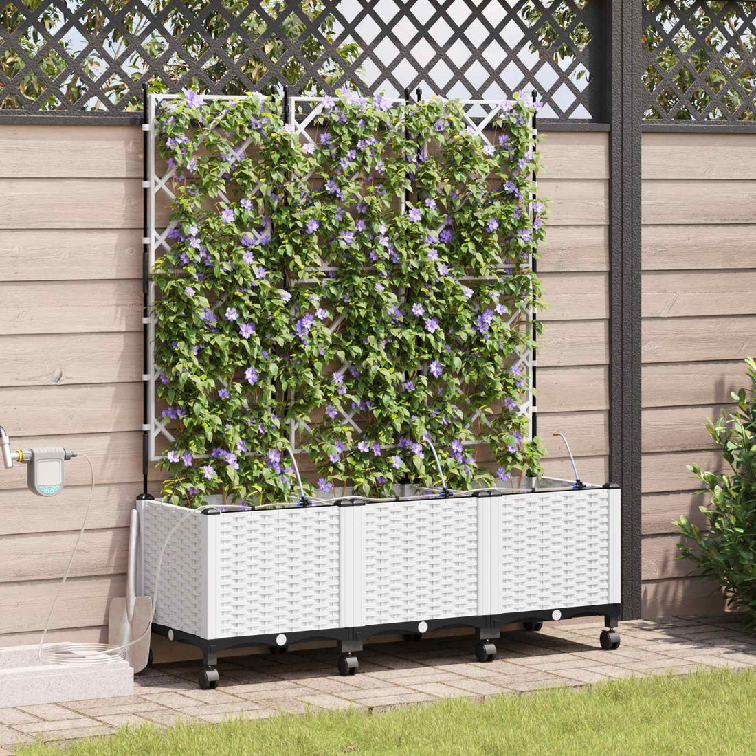 vidaXL Maceta de jardín con riego y ruedas 3 uds. Blanco PP
