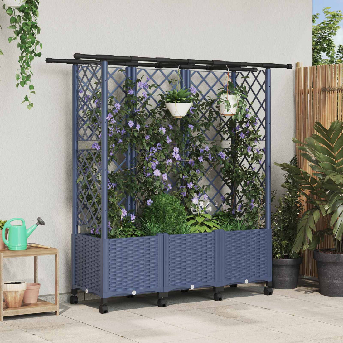vidaXL Cama elevada con trellis y techo Gris 163,5 x 40 x 142 cm PP