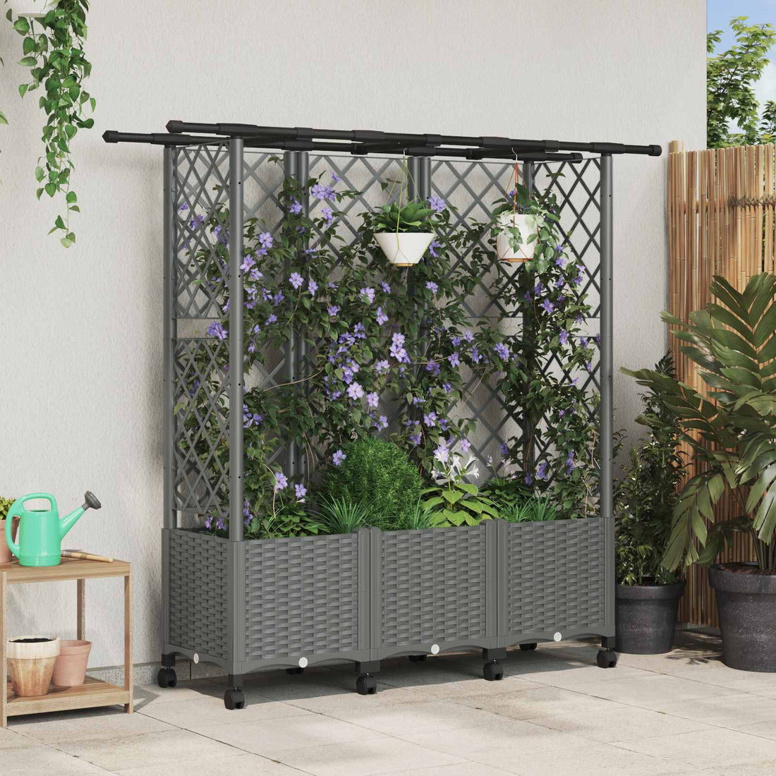 vidaXL Cama elevada con trellis y techo Gris Claro 163,5 x 40 x 142 cm