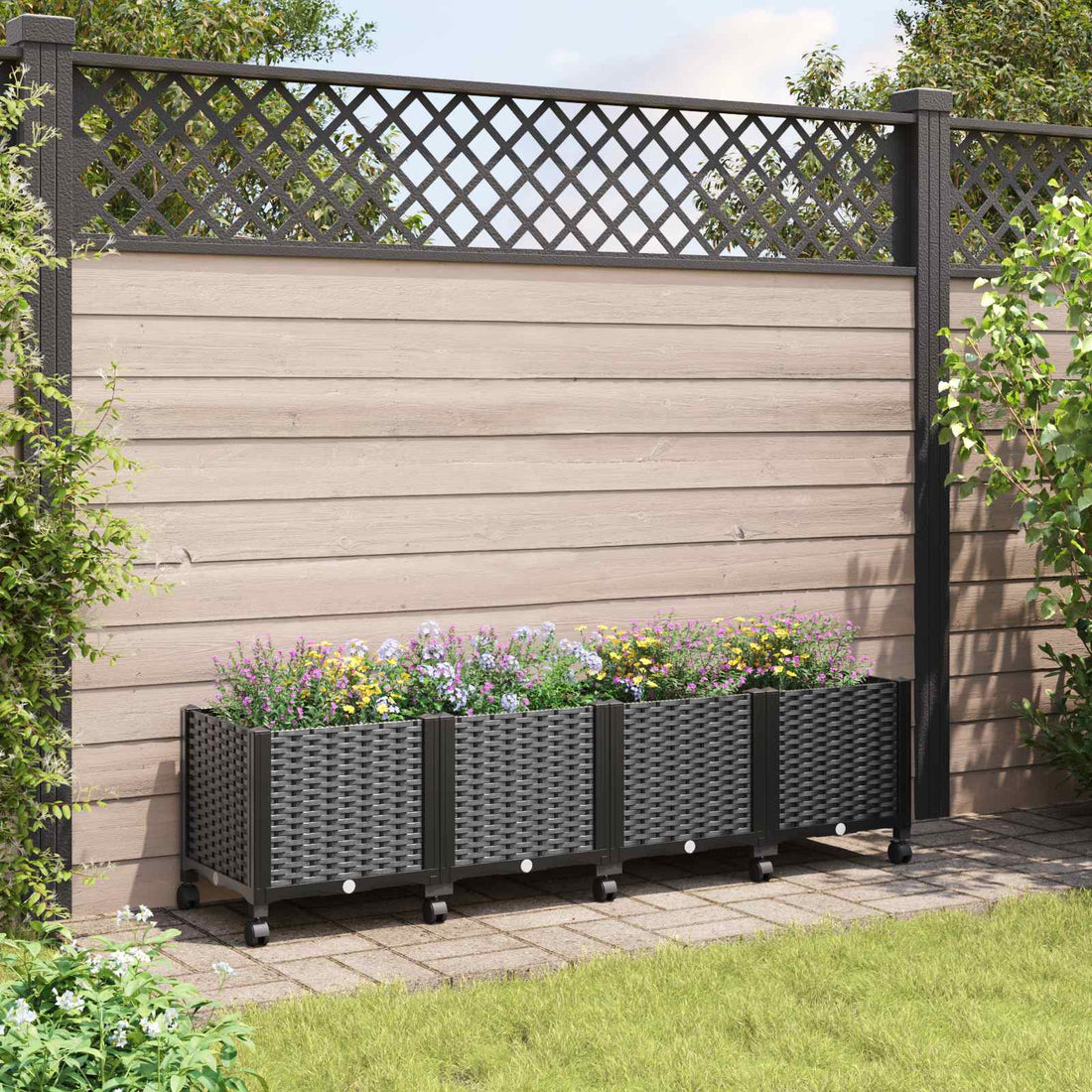 vidaXL Macetero de Jardín con Ruedas Negro 160 x 40 x 44 cm PP
