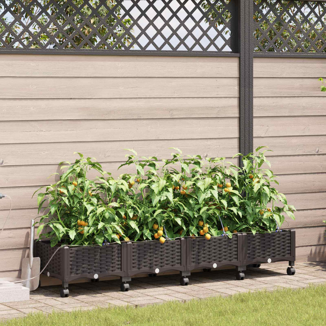 vidaXL Maceta de jardín con riego y ruedas 4 uds. Marrón PP