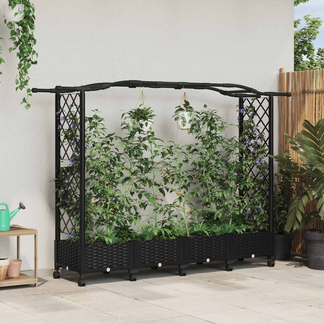 vidaXL Cama elevada con trellis y techo Negro 207 x 40 x 129 cm PP