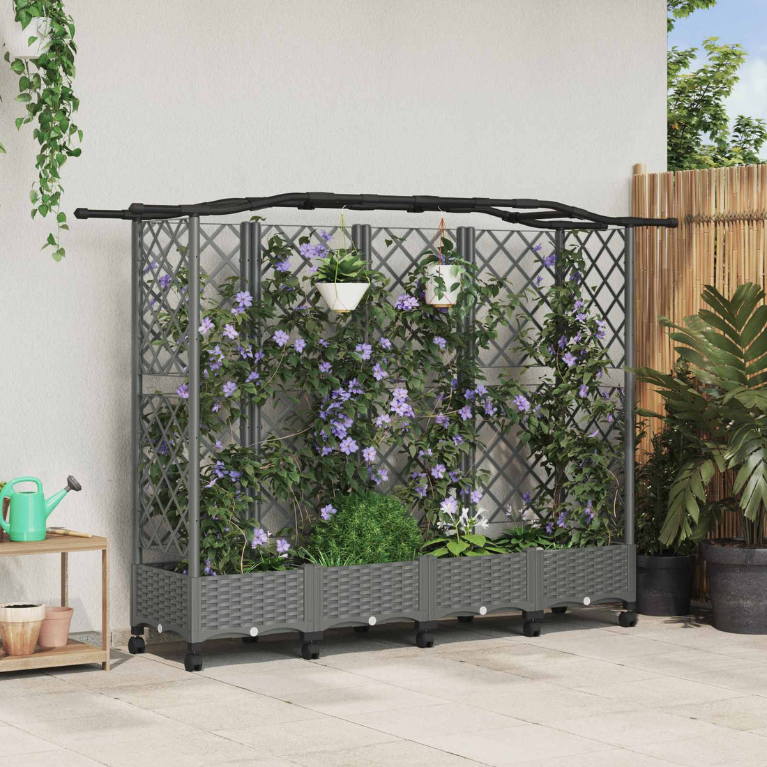 vidaXL Cama elevada con trellis y techo Gris Claro 203,5 x 40 x 129 cm