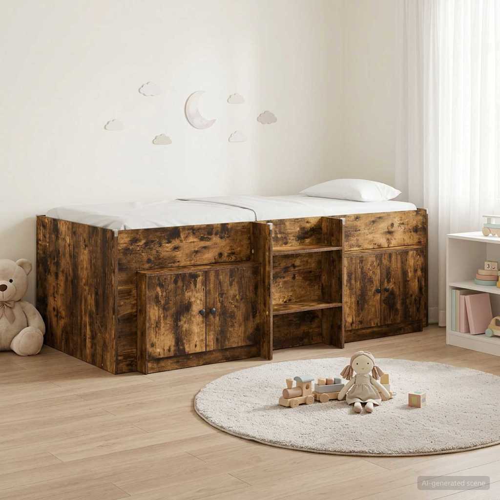 vidaXL Marco de cama loft con armario con puerta 3 uds. Roble Ahumado