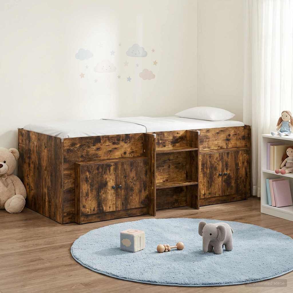 vidaXL Marco de cama loft con armario con puerta 3 uds. Roble Ahumado