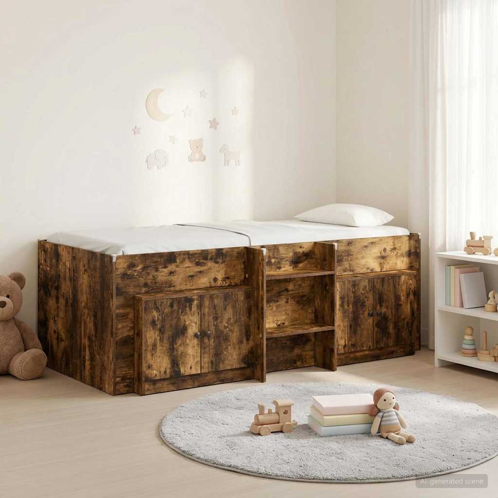 vidaXL Marco de cama loft con armario con puerta 3 uds. Roble Ahumado