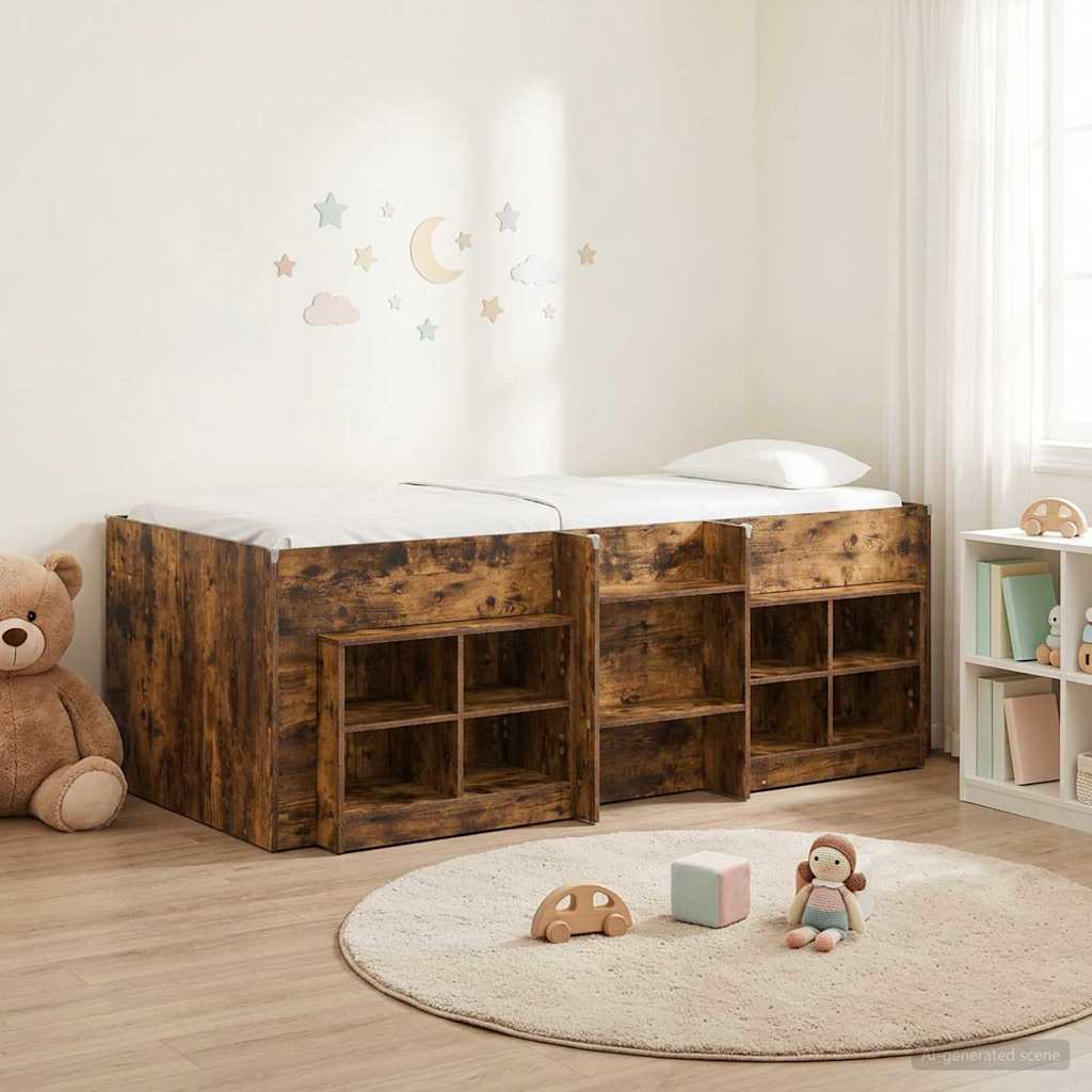 vidaXL Marco de cama loft con armario con estante 3 uds. Roble Ahumado