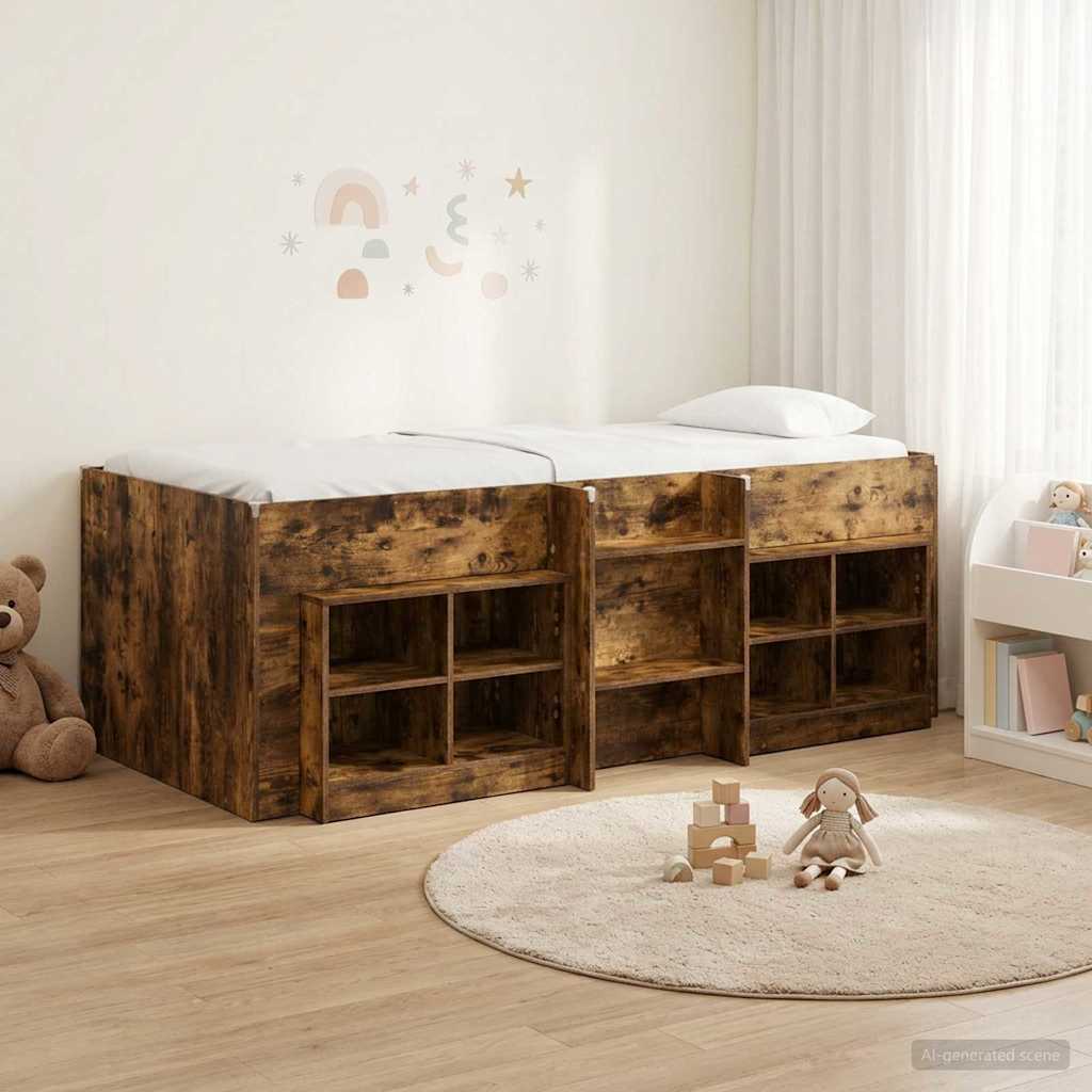 vidaXL Marco de cama loft con armario con estante 3 uds. Roble Ahumado