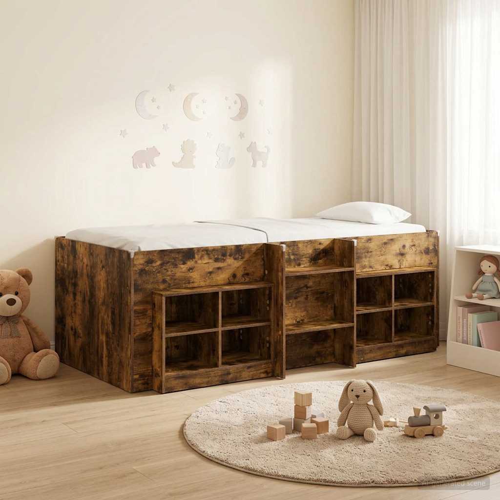 vidaXL Marco de cama loft con armario con estante 3 uds. Roble Ahumado