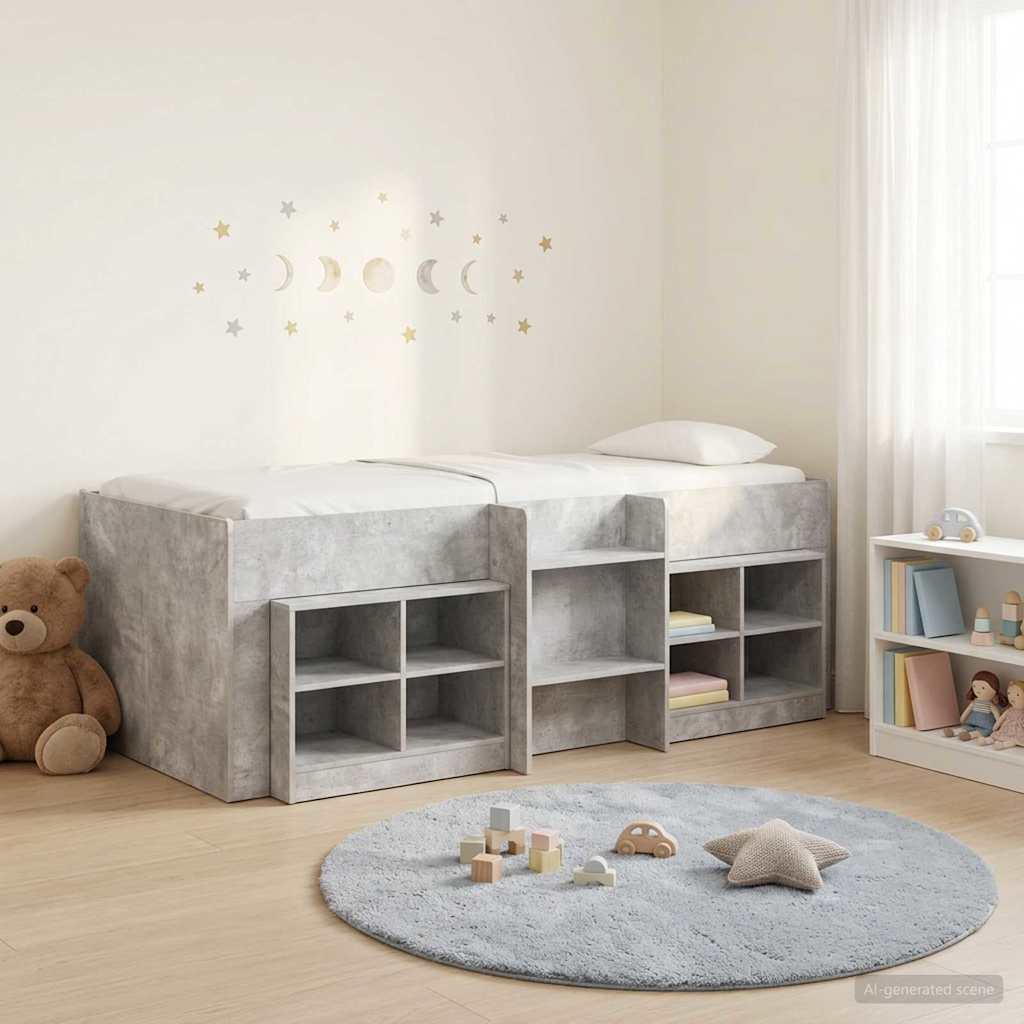 vidaXL Marco de cama loft con armario con estante 3 uds. Gris Hormigón