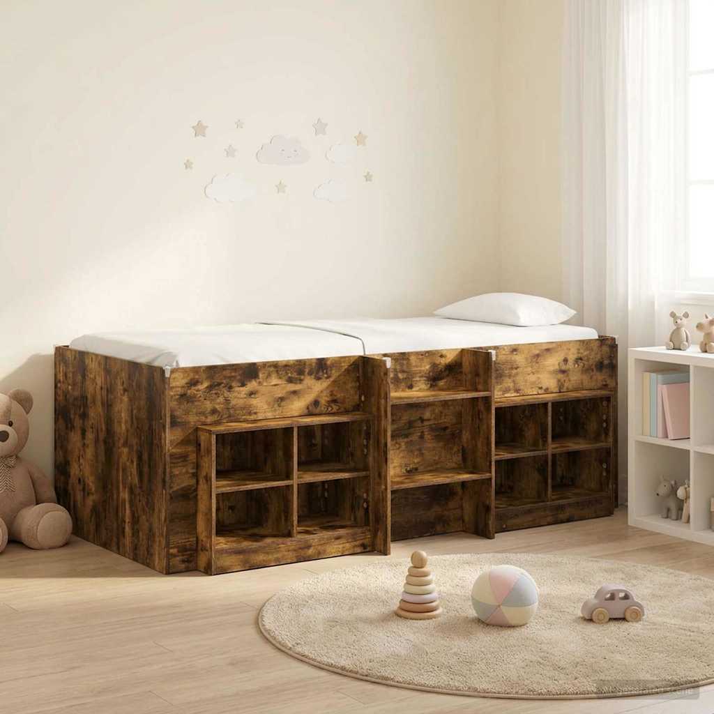 vidaXL Marco de cama loft con armario con estante 3 uds. Roble Ahumado