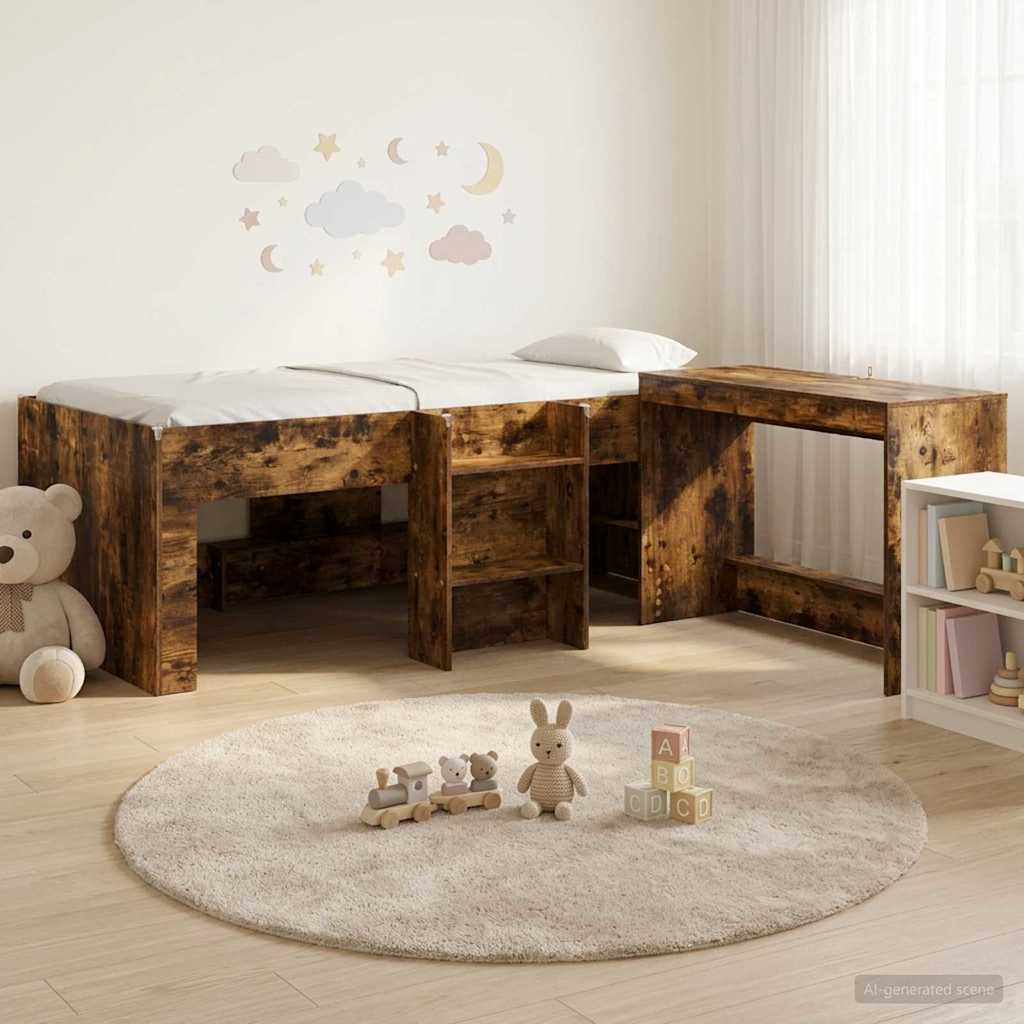 vidaXL Cama alta para niños con escritorio 2 uds. Roble Ahumado