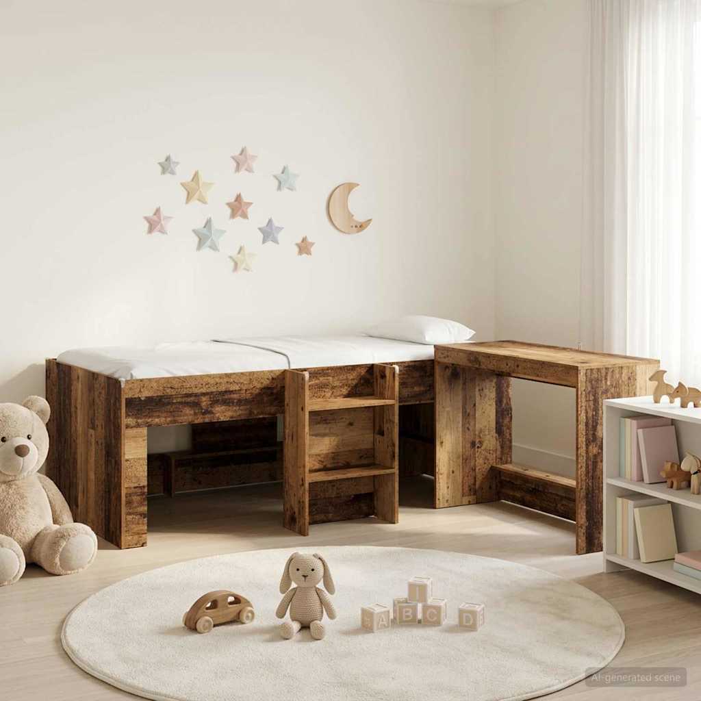 vidaXL Cama alta para niños con escritorio 2 uds. Madera envejecida