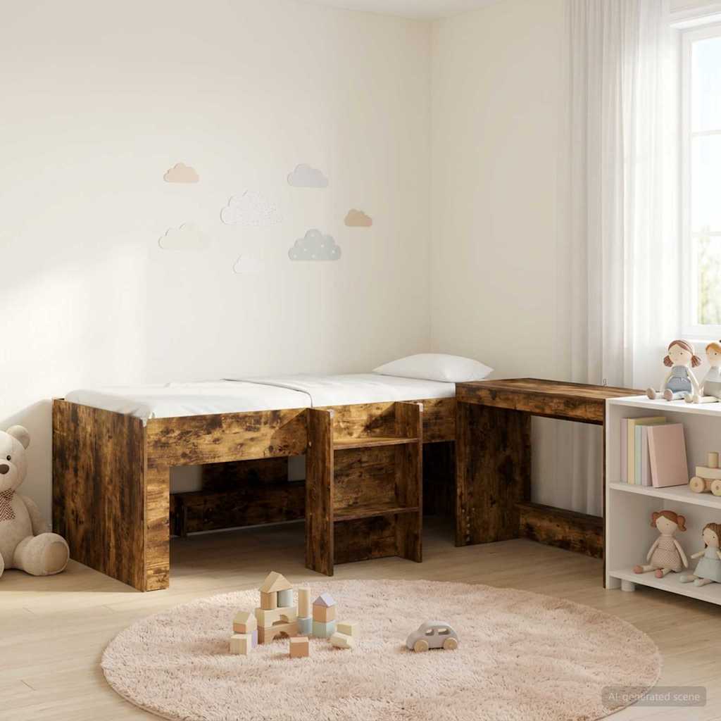 vidaXL Cama alta para niños con escritorio 2 uds. Roble Ahumado