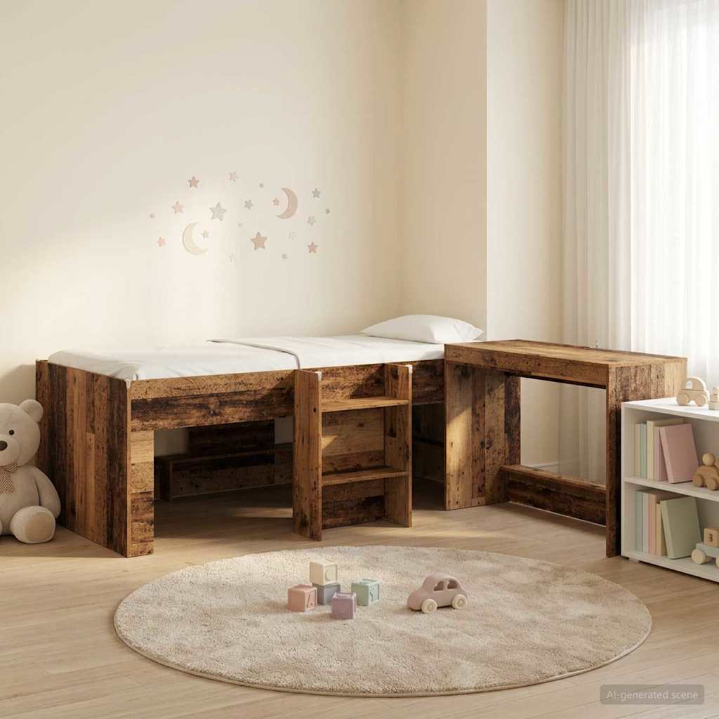 vidaXL Cama alta para niños con escritorio 2 uds. Madera envejecida