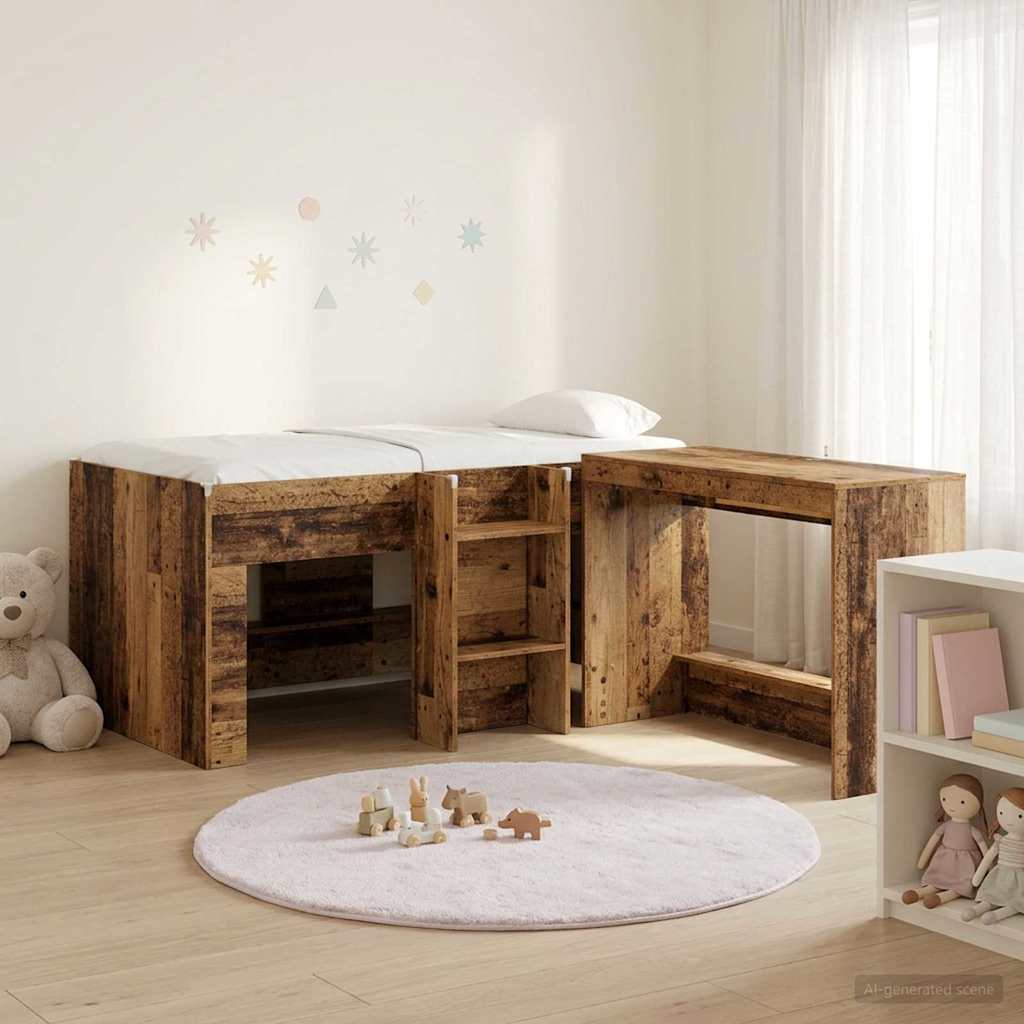 vidaXL Cama alta para niños con escritorio 2 uds. Madera envejecida