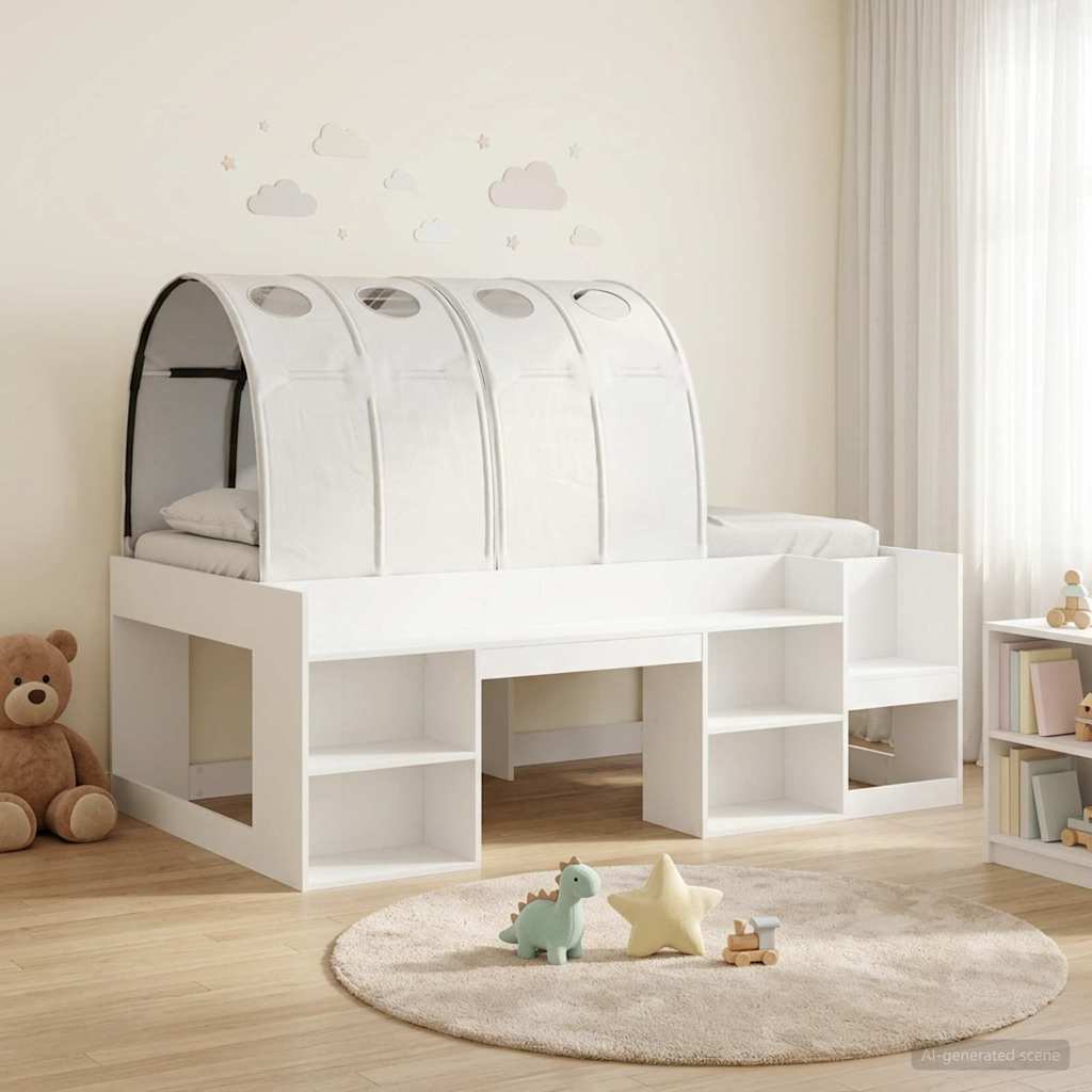 vidaXL Cama con túnel con estante 3 uds. Blanco Madera de ingeniería