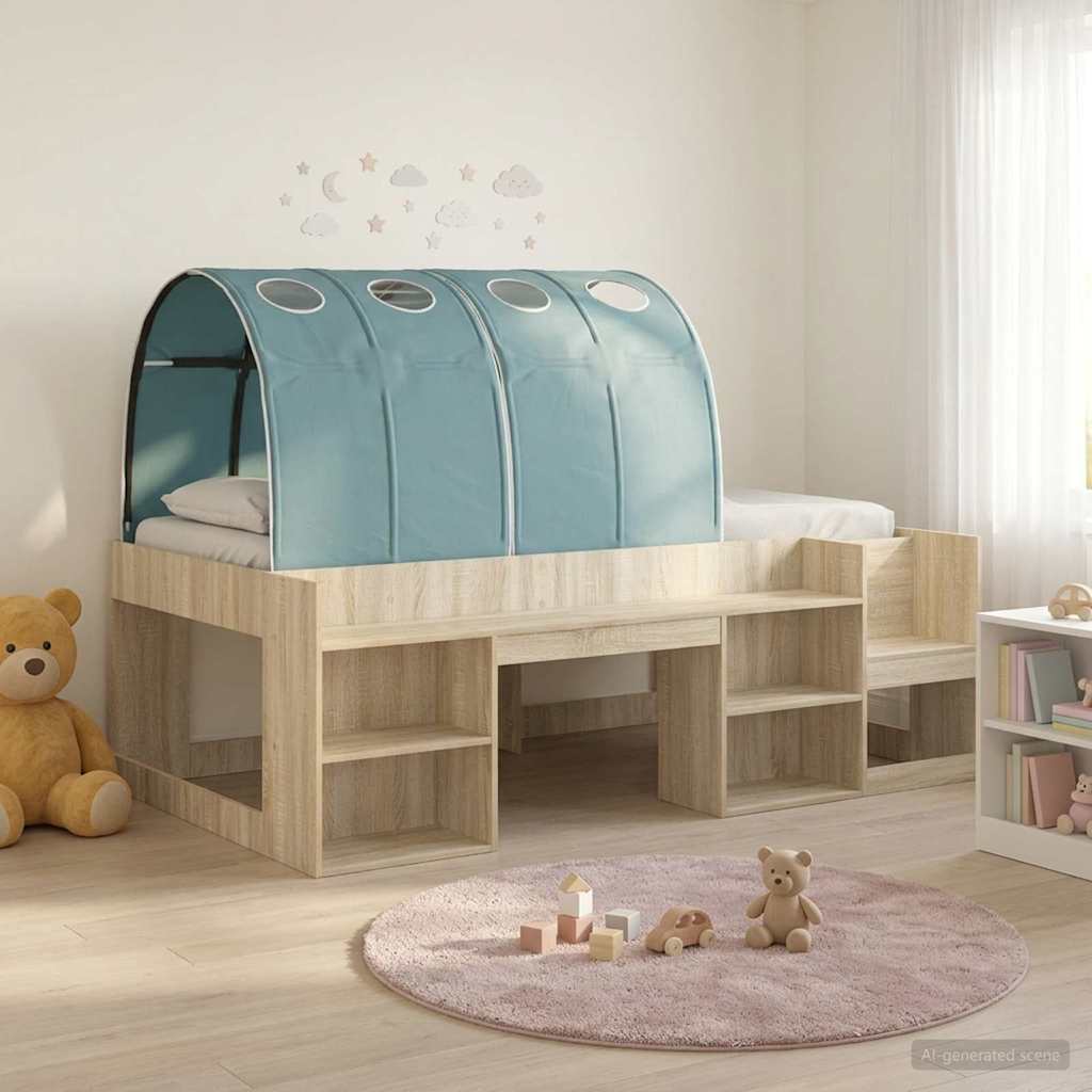 vidaXL Cama con túnel con estante 3 uds. Roble Sonoma y Azul Claro