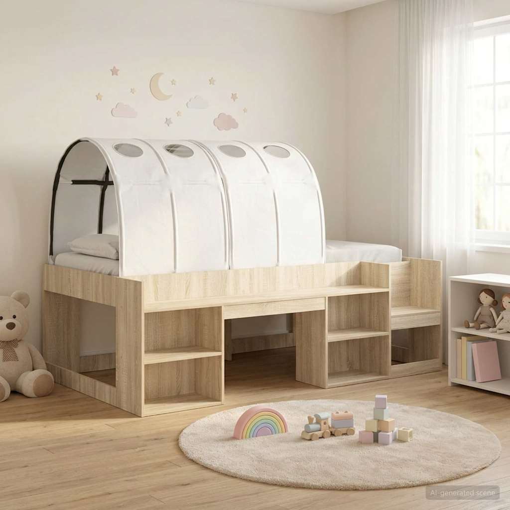vidaXL Cama con túnel con estante 3 uds. Roble Sonoma y blanco